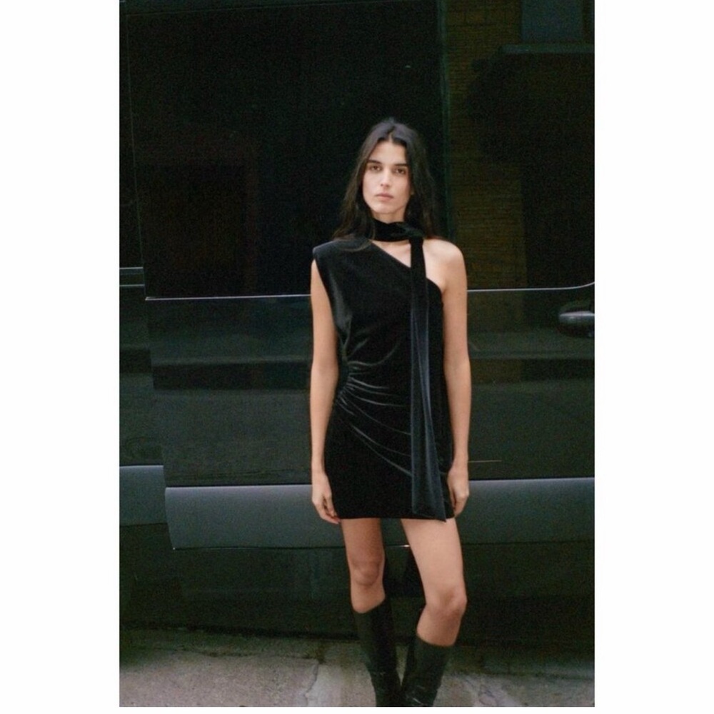 Zara Black Velvet One-Shoulder Dress